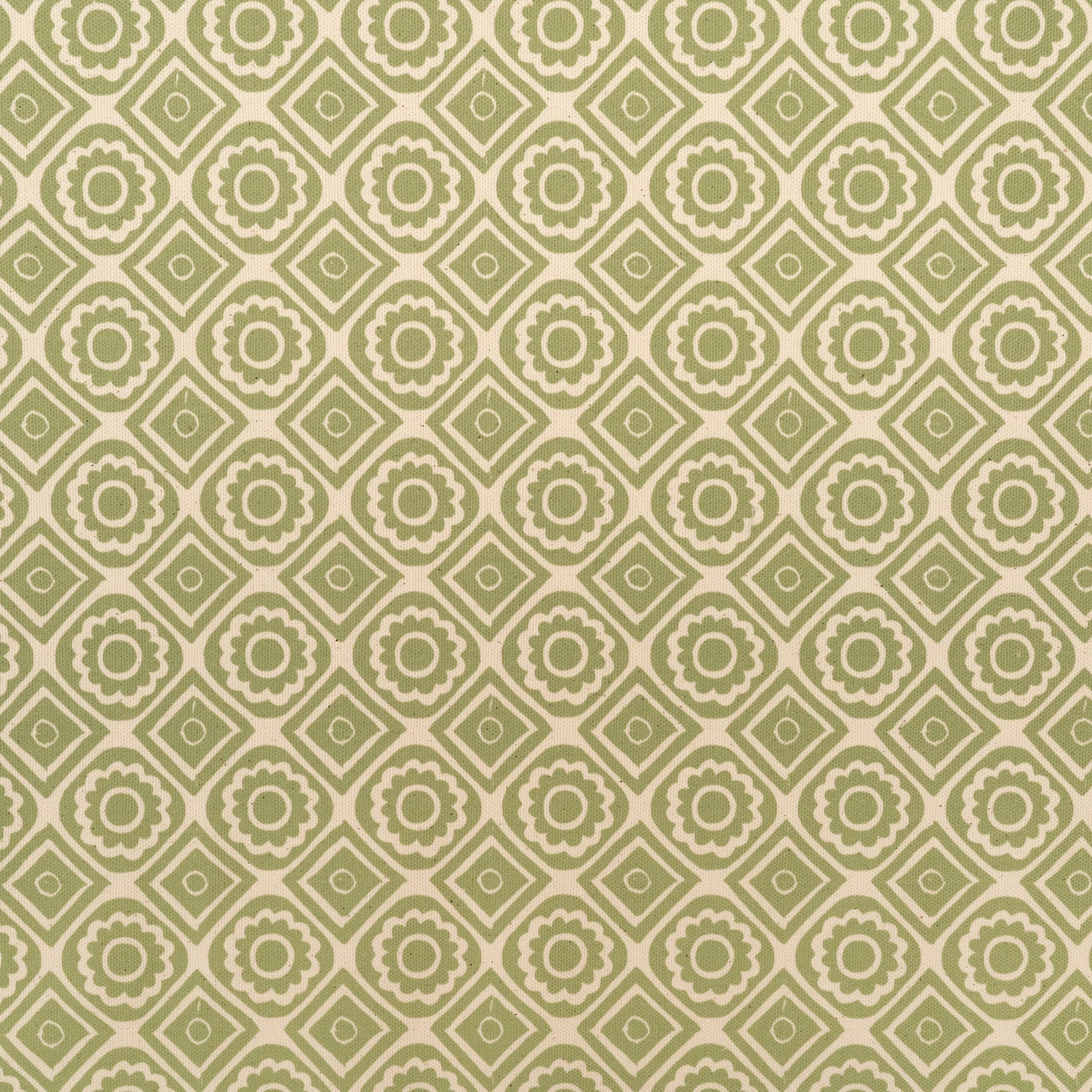 Pea Green Rebecca lino block printed fabric designed by Lizzie Mabley