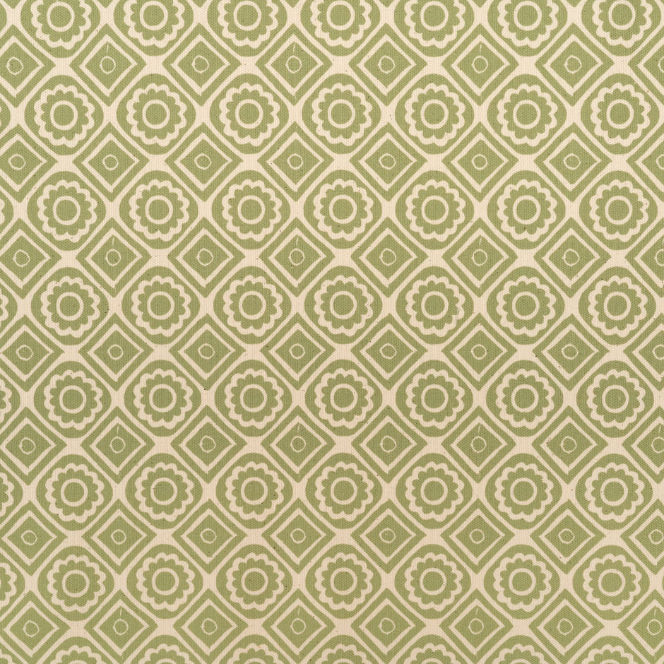 Pea Green Rebecca lino block printed fabric designed by Lizzie Mabley