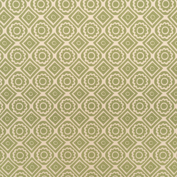 Pea Green Rebecca lino block printed fabric designed by Lizzie Mabley