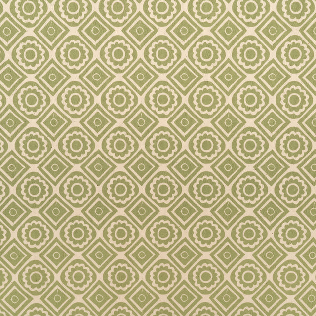 Pea Green Rebecca lino block printed fabric designed by Lizzie Mabley
