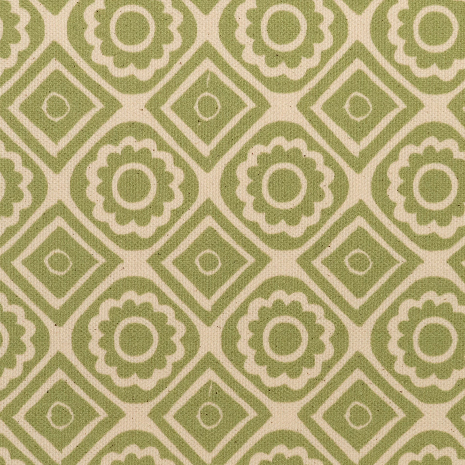 Pea Green Rebecca lino block printed fabric designed by Lizzie Mabley