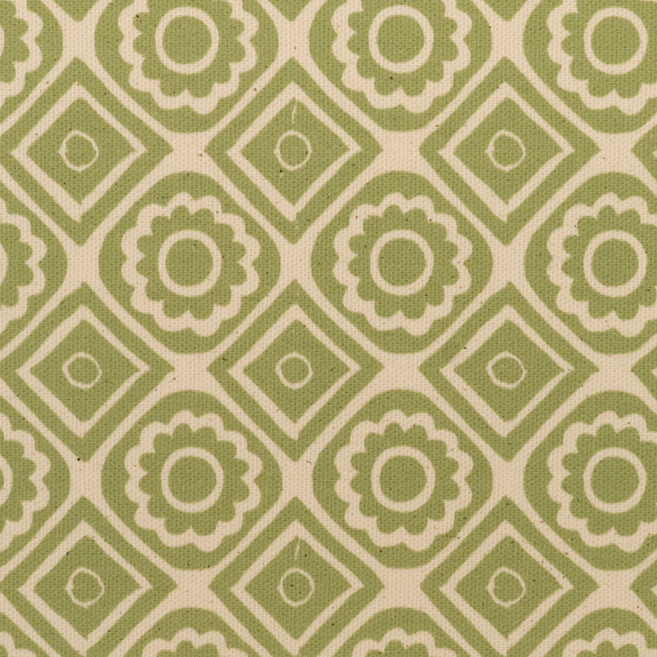 Pea Green Rebecca lino block printed fabric designed by Lizzie Mabley