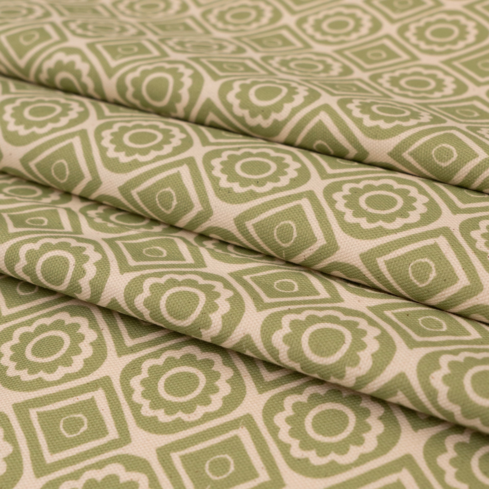 Pea Green Rebecca lino block printed fabric designed by Lizzie Mabley