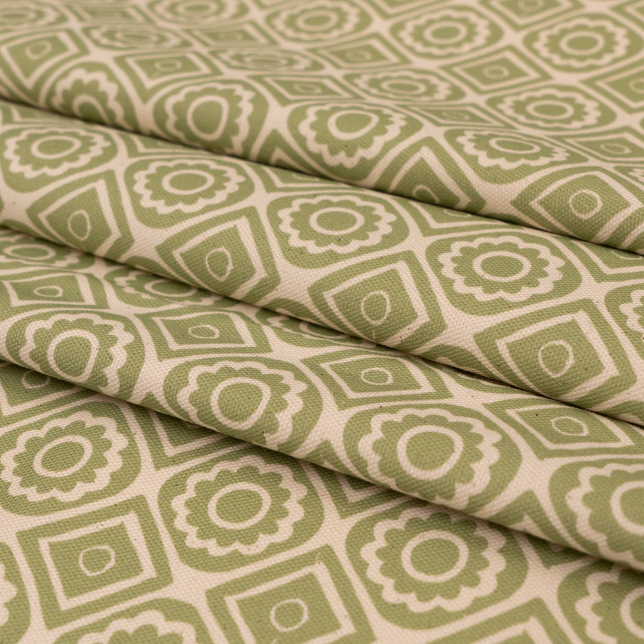 Pea Green Rebecca lino block printed fabric designed by Lizzie Mabley