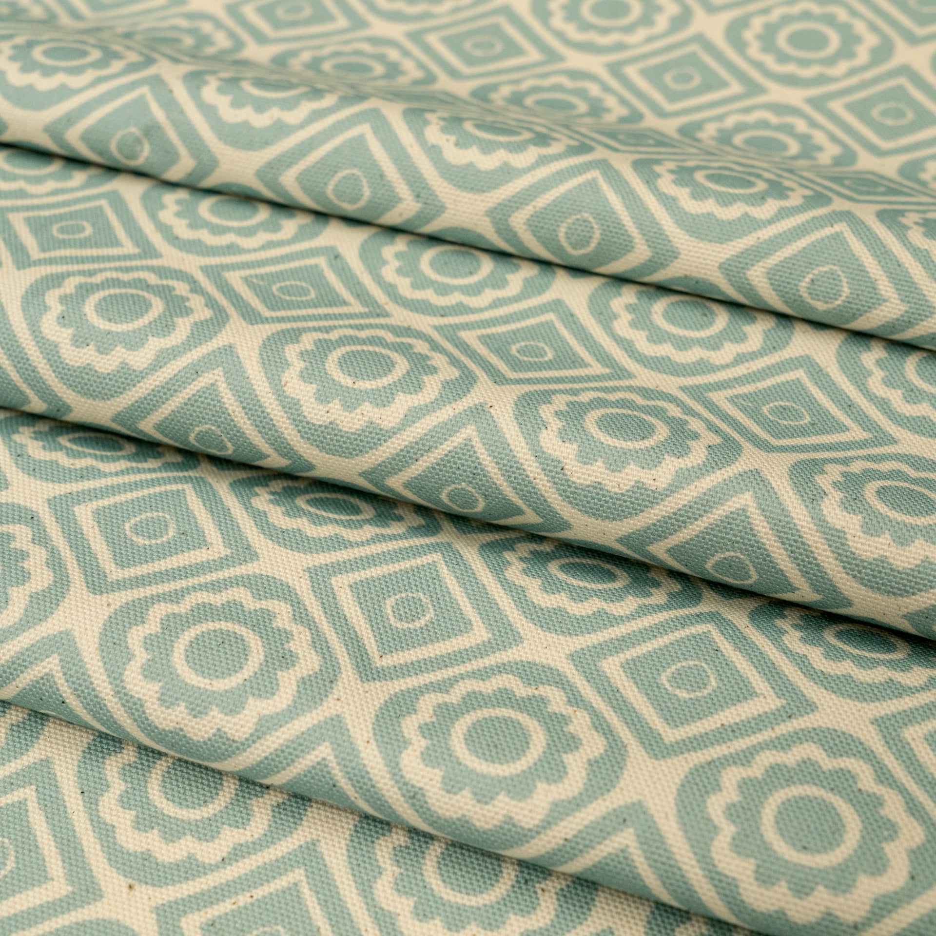 Powder Blue Rebecca lino block printed fabric designed by Lizzie Mabley