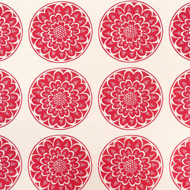 Red Rosette lino block printed fabric designed by Lizzie Mabley