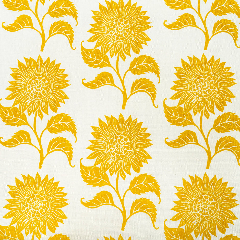 Sunflower lino block printed fabric designed by Lizzie Mabley