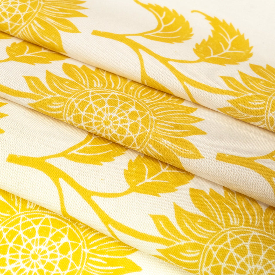 Sunflower lino block printed fabric designed by Lizzie Mabley