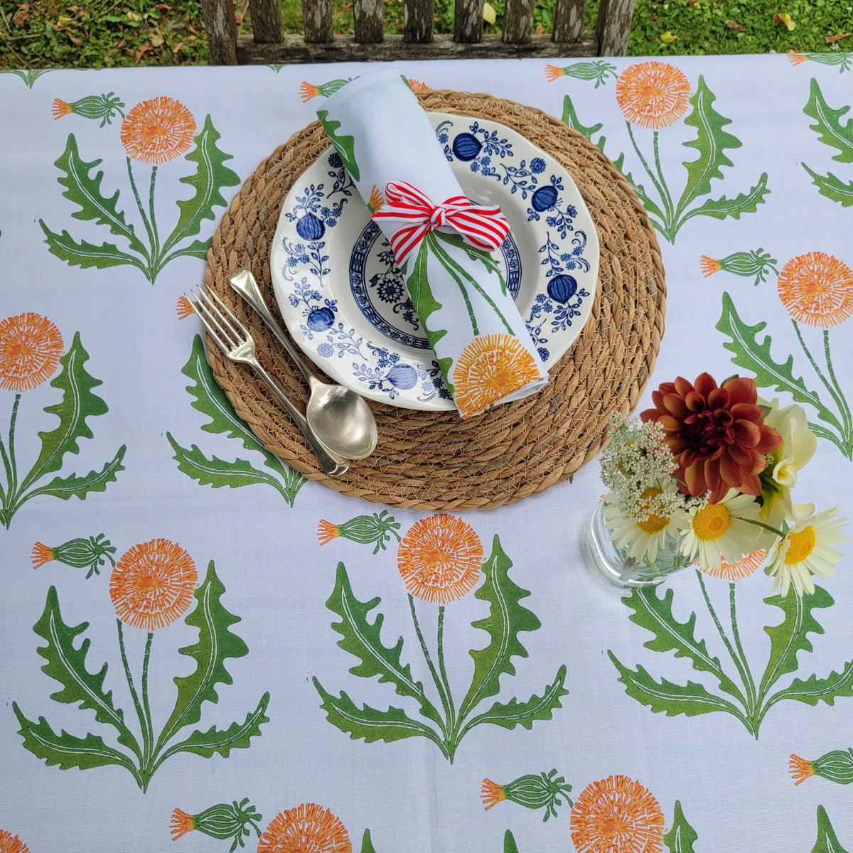 Dandelion lino block printed fabric tablecloth designed by Lizzie Mabley