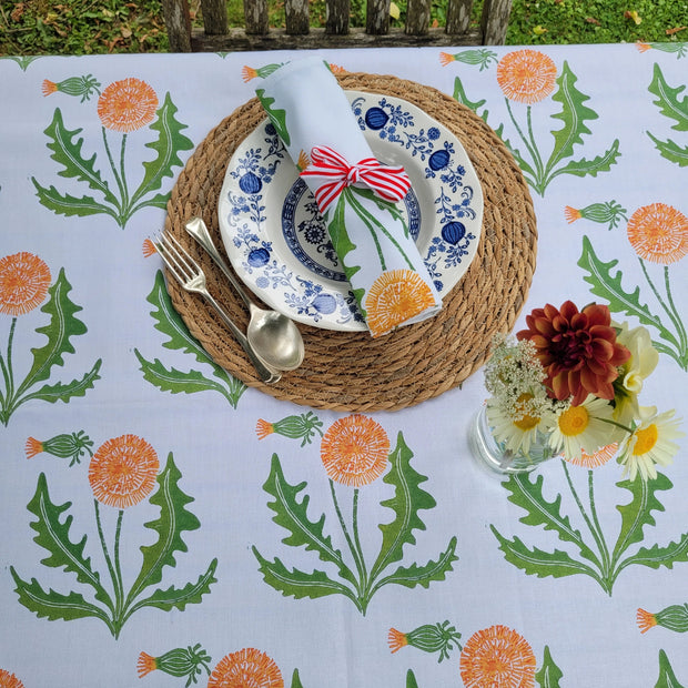 Dandelion lino block printed fabric tablecloth designed by Lizzie Mabley