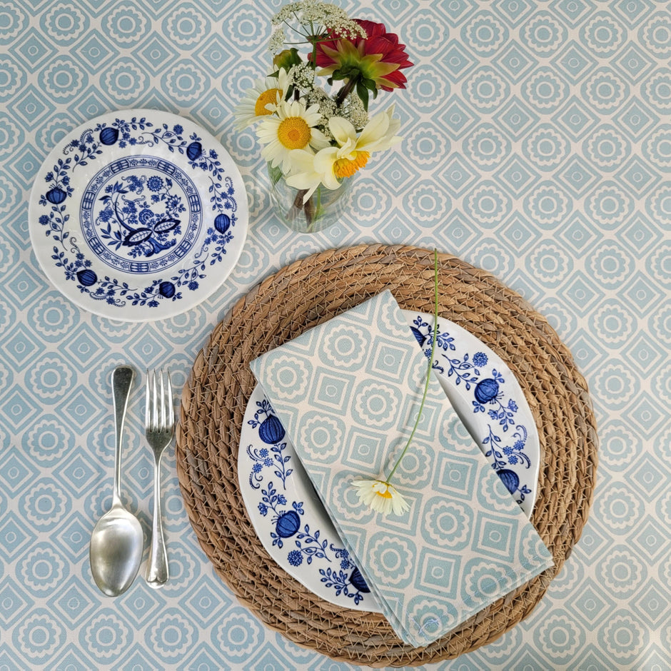 Powder Blue Rebecca lino block printed fabric tablecloth designed by Lizzie Mabley