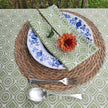 Pea Green Rebecca lino block printed fabric tablecloth designed by Lizzie Mabley