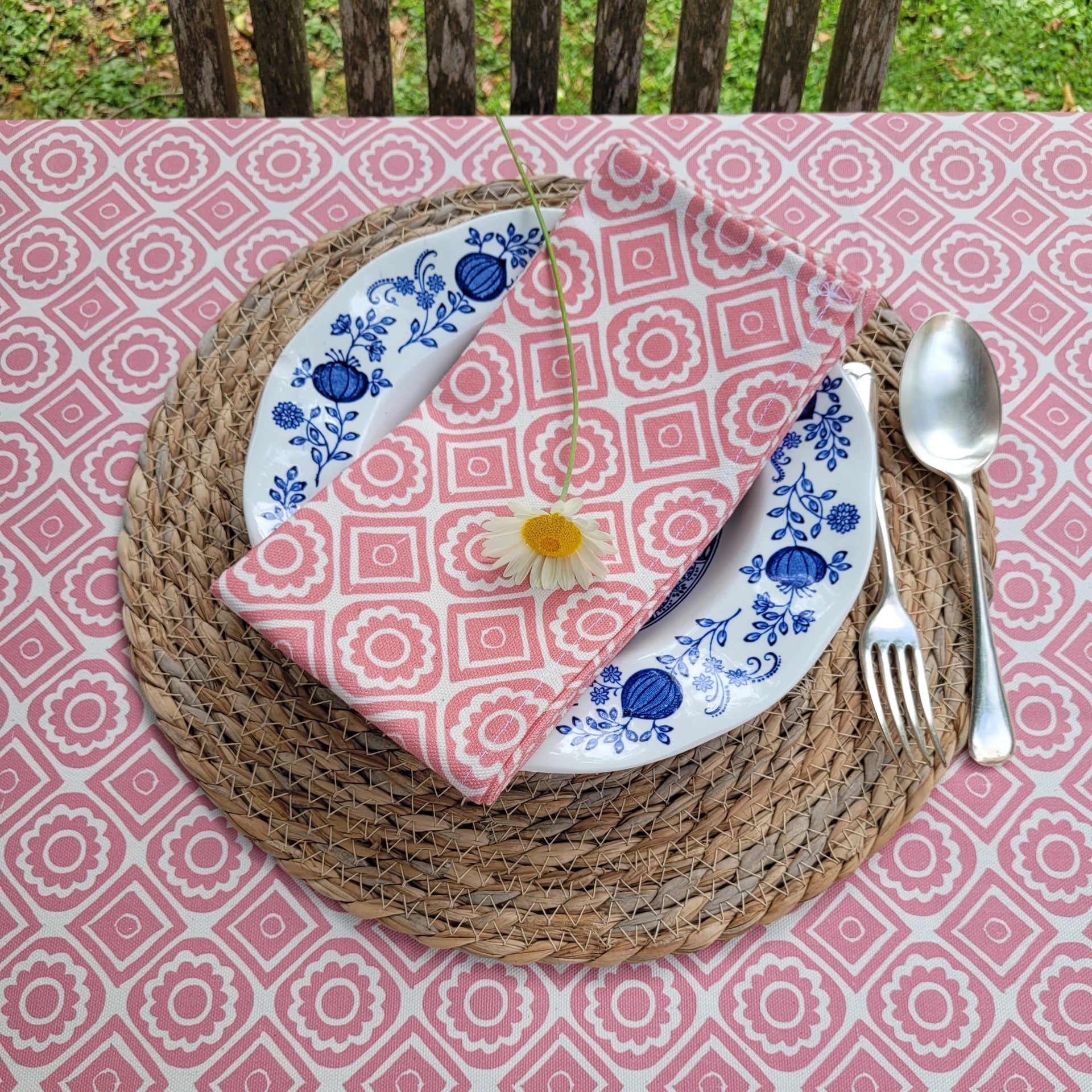 Candy Pink Rebecca lino block printed fabric tablecloth designed by Lizzie Mabley