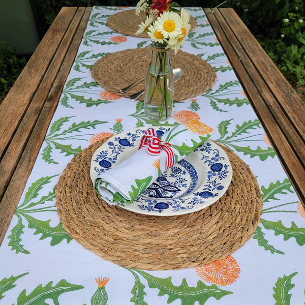Dandelion lino block printed fabric table runner designed by Lizzie Mabley