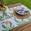 Dandelion lino block printed fabric table runner designed by Lizzie Mabley