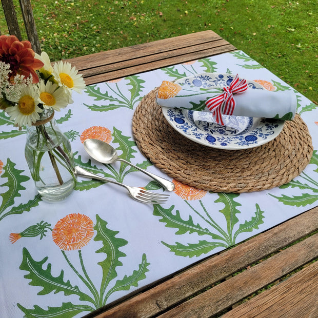 Dandelion lino block printed fabric table runner designed by Lizzie Mabley