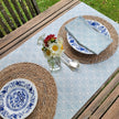 Powder Blue Rebecca lino block printed fabric table runner designed by Lizzie Mabley