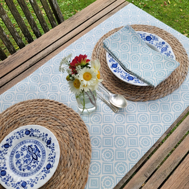 Powder Blue Rebecca lino block printed fabric table runner designed by Lizzie Mabley