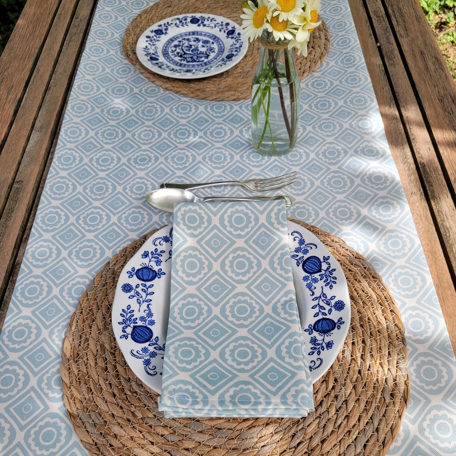 Powder Blue Rebecca lino block printed fabric table runner designed by Lizzie Mabley