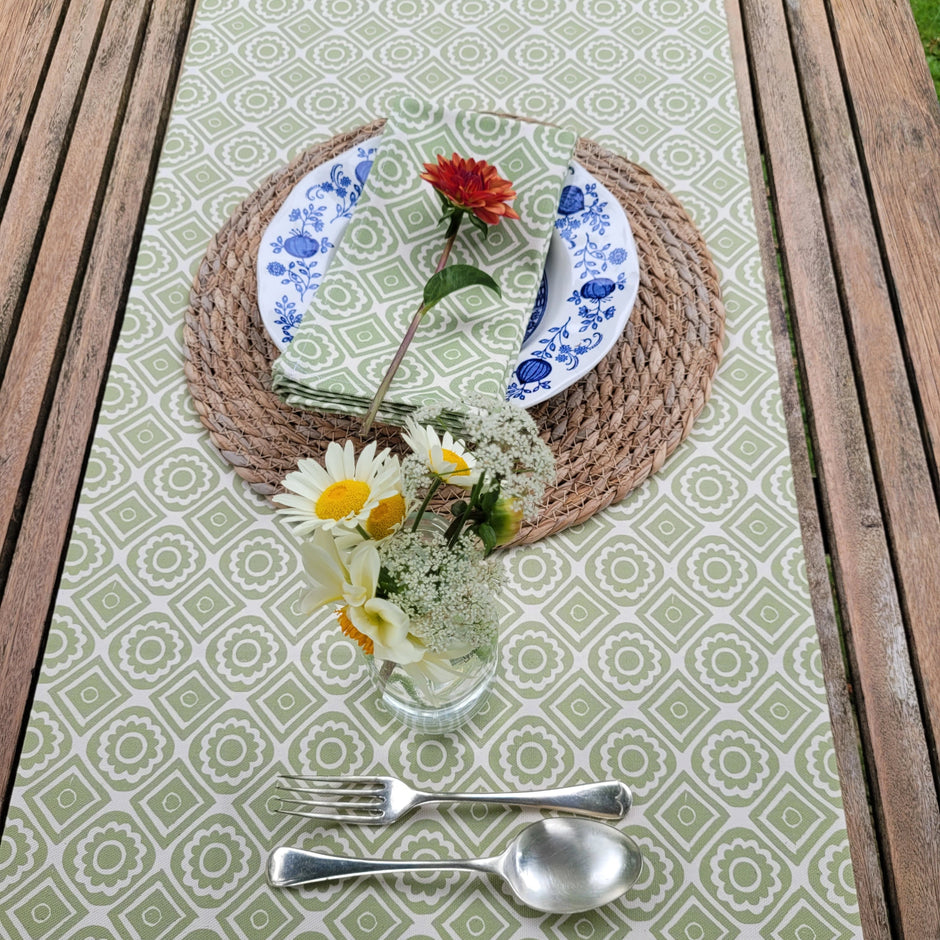 Pea Green Rebecca lino block printed fabric table runner designed by Lizzie Mabley