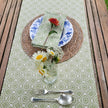 Pea Green Rebecca lino block printed fabric table runner designed by Lizzie Mabley