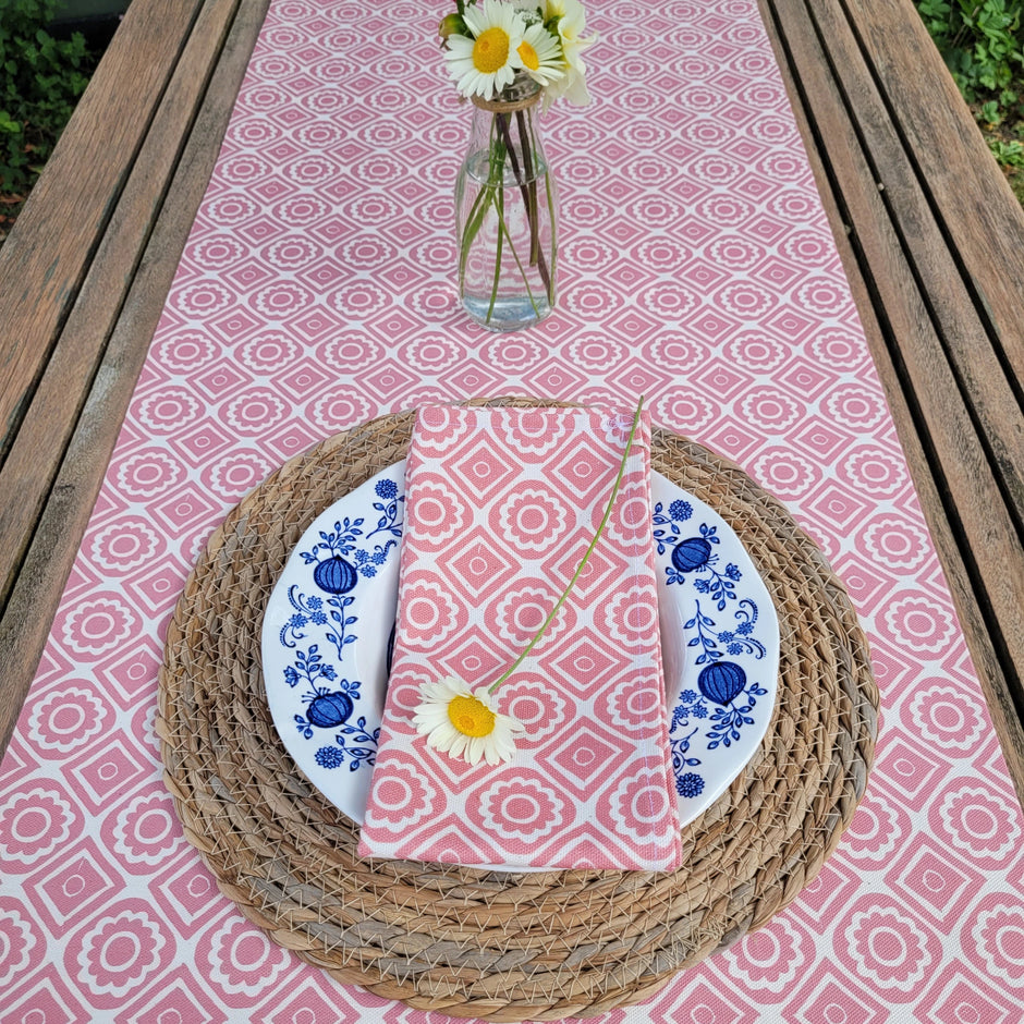 Candy Pink Rebecca lino block printed fabric table runner designed by Lizzie Mabley