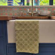 Pea Green Rebecca lino block printed fabric tea towel designed by Lizzie Mabley