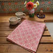 Candy Pink Rebecca lino block printed fabric tea towel designed by Lizzie Mabley
