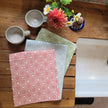 Rebecca lino block printed fabric tea towels designed by Lizzie Mabley