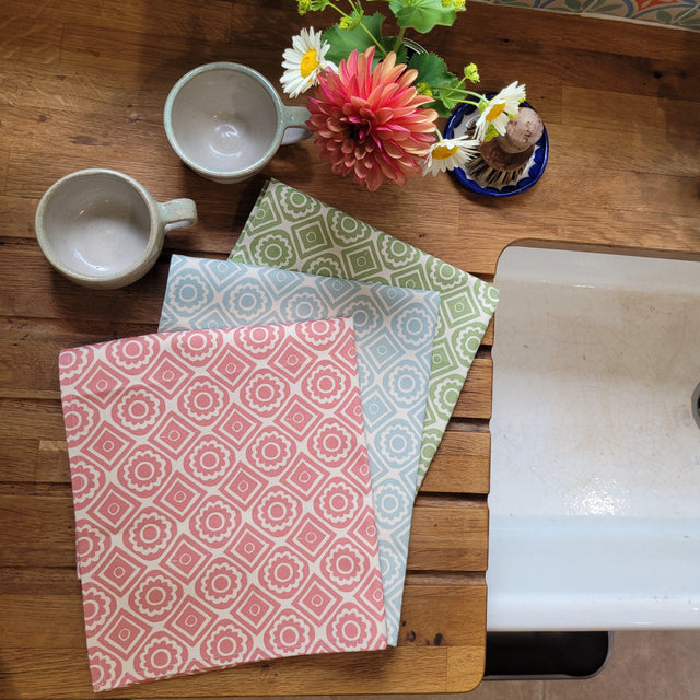Rebecca lino block printed fabric tea towels designed by Lizzie Mabley