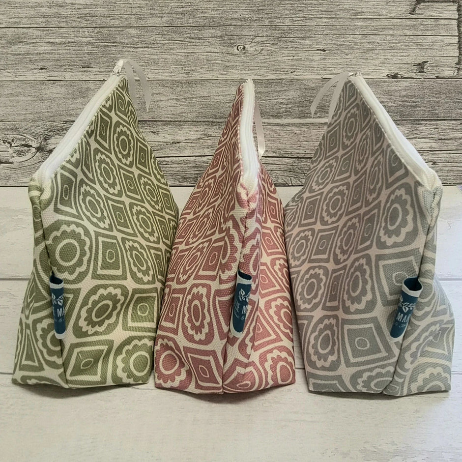 Cosmetic Bags in three colourways of Rebecca Fabric by Lizzie Mabley