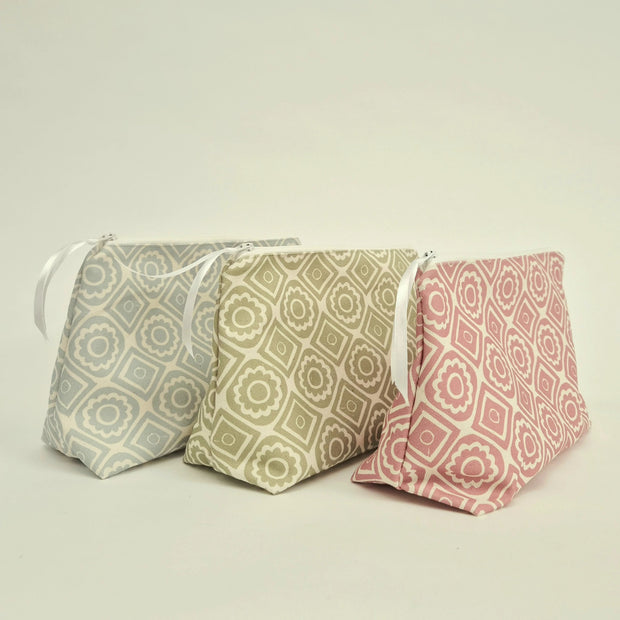 Cosmetic Bags in three colourways of Rebecca Fabric by Lizzie Mabley