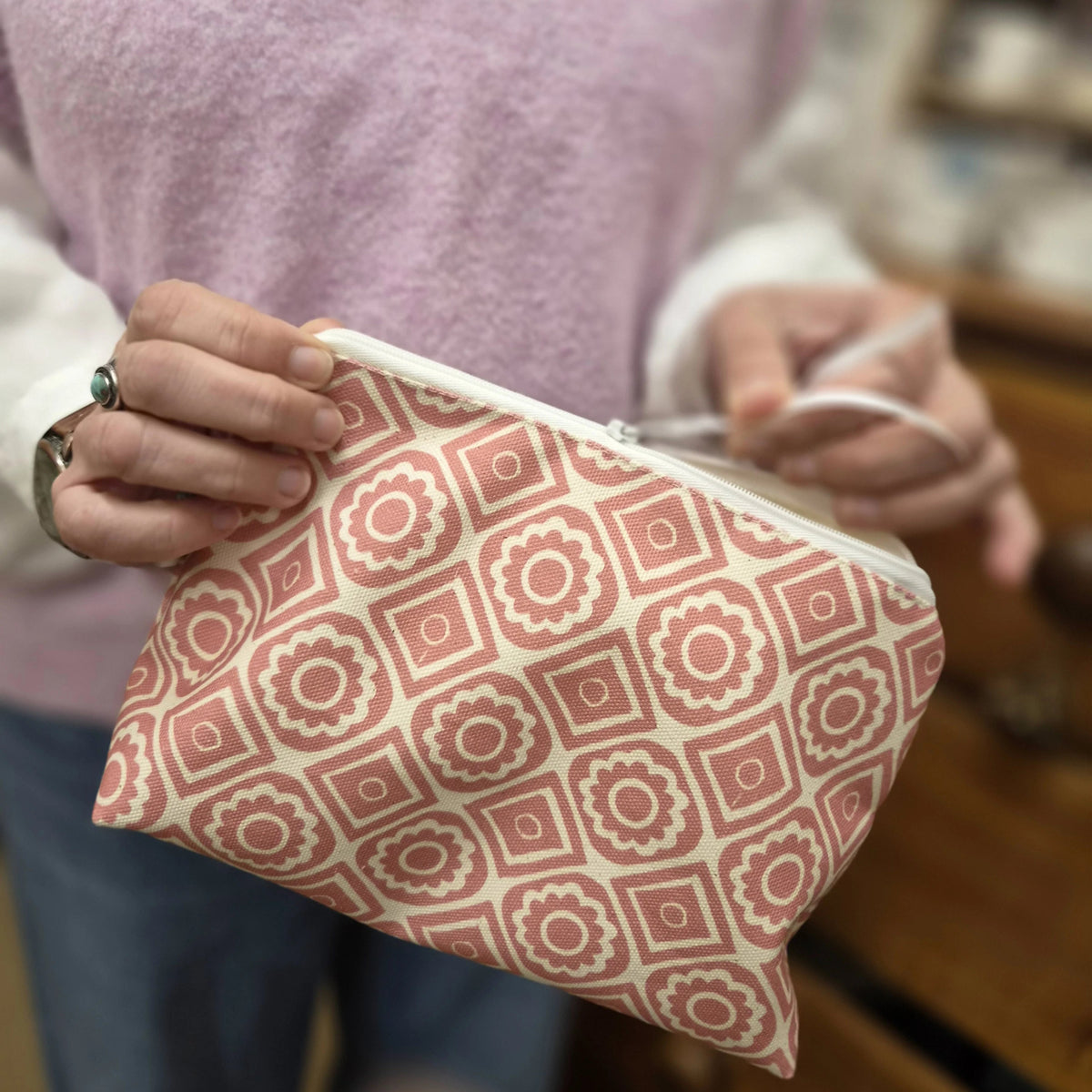Cosmetic Bag in Candy Pink Rebecca Fabric by Lizzie Mabley