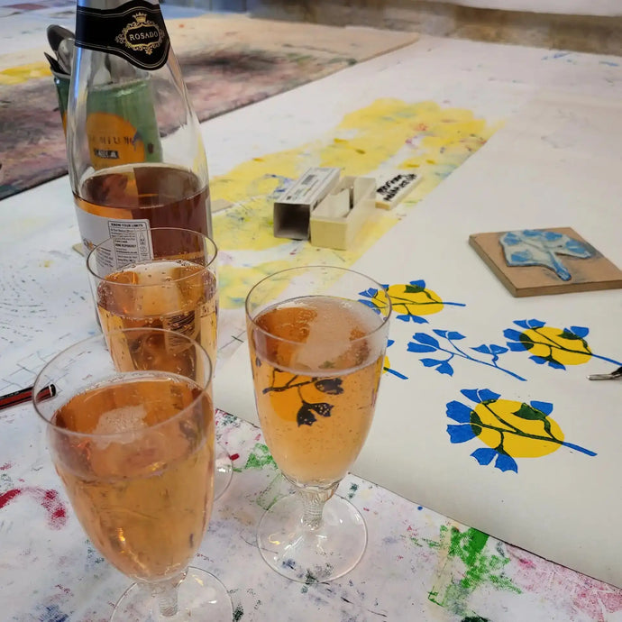 prosecco whilst Lizzie mabley teaches a lino block printing workshop in her studio